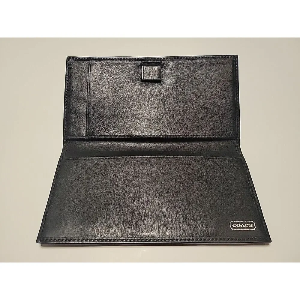 COACH Black Leather Checkbook Holder Wallet Card Case Long Bifold Set